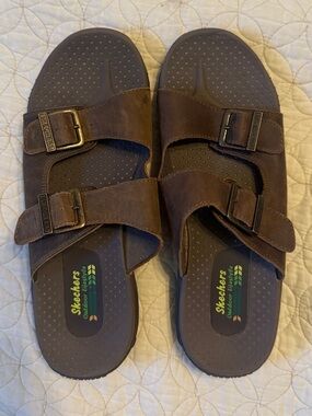 Skechers Brown Double-Buckle Comfort Slide Sandals